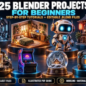 Pode incluir: Um gráfico digital intitulado 25 BLENDER PROJECTS FOR BEGINNERS apresentando vários objetos renderizados em 3D em pedestais circulares, incluindo um corredor de ficção científica, um quarto, um robô, uma banca japonesa, um frasco de perfume, uma máquina de arcade, um globo de neve e uma caixa.