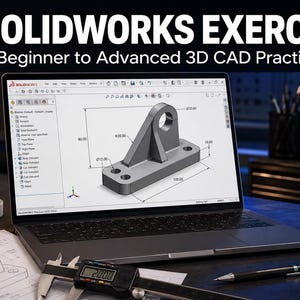 May include: A laptop displaying SolidWorks software with a 3D CAD model of a mechanical bracket, accompanied by a physical 3D-printed bracket, a technical drawing, a digital calliper showing 20.00 mm, and a pen. Text reads 100 SOLIDWORKS EXERCISES.