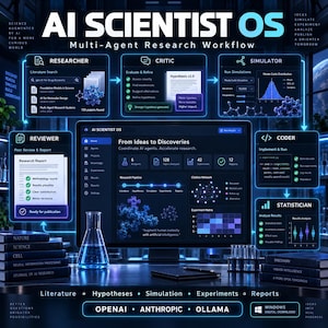 May include: A digital interface titled AI SCIENTIST OS displaying a multi-agent research workflow with modules for Researcher, Critic, Simulator, Reviewer, Coder, and Statistician. The screen shows data visualisations, text, and icons on a dark blue background.