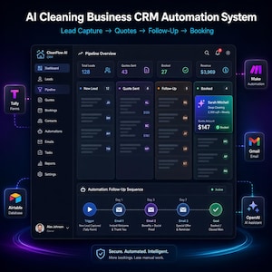 May include: A dark-themed AI Cleaning Business CRM Automation System dashboard interface. It displays a pipeline overview with metrics for leads, quotes, and bookings, alongside an automated follow-up sequence workflow connected to Tally, Airtable, Make, Gmail, and OpenAI.