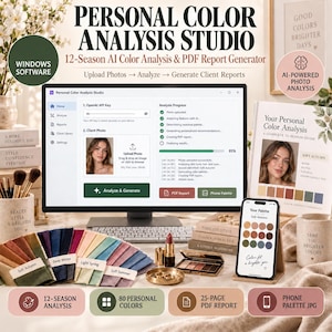 Puede incluir: Un monitor de computadora que muestra el software Personal Color Analysis Studio con una interfaz de análisis por IA, junto a una guía impresa, un teléfono inteligente con una paleta de colores, muestras de tela, maquillaje y texto descriptivo.