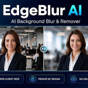 Può includere: Interfaccia del software EdgeBlur AI che mostra un confronto prima e dopo di un ritratto professionale. Il lato sinistro mostra uno sfondo d'ufficio nitido, mentre il lato destro mostra uno sfondo sfocato. Il testo include EdgeBlur AI, AI Background Blur & Remover, 100% CLIENT-SIDE, PRIVATE BY DESIGN e NO UPLOADS.