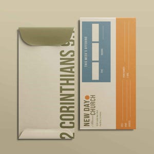 May include: Two beige envelopes with text and design elements. One envelope has the text "2 Corinthians 9:7" in a vertical format. The other envelope has the text "This Week's Offering" and "New Day Church".
