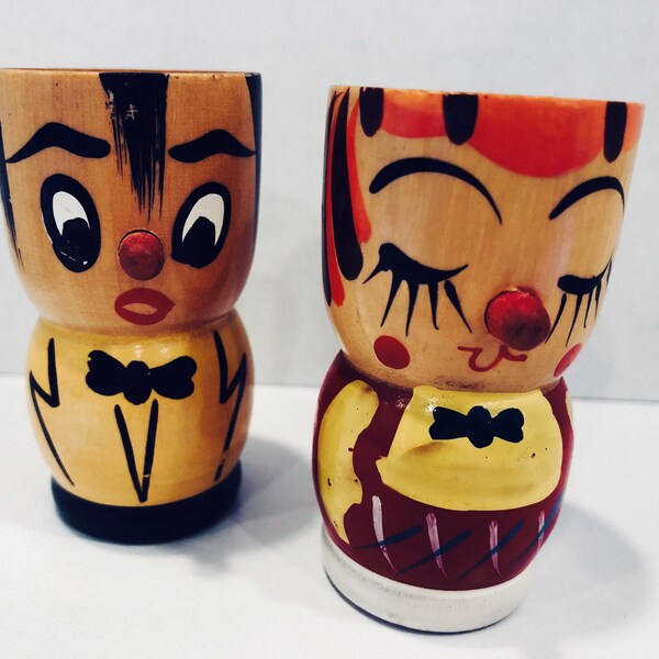 Funny Mr and Mrs Wooden Egg Cups Made in Japan