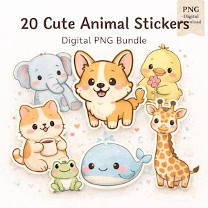 20 Cute Animal Stickers PNG Bundle | Kawaii Digital Stickers for iPad, GoodNotes & Journaling | Printable Planner Stickers
