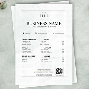 May include: A printed price list for lash extensions and brow services. The document features a business name, contact information, and a list of services with prices in British pounds. The design is minimalist with a clean layout.
