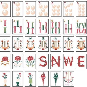 May include: A set of mahjong tiles featuring various designs including pearls, columns, harps, flowers in vases, torches, and letters S, N, W, E. The tiles display numbers 1 through 9 in different styles, with some tiles showing floral motifs and a Joker card.