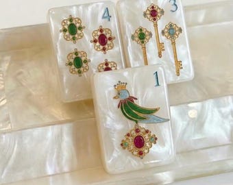 Limited Edition Mother of Pearl Mahjong Tiles: Engraved Golden Motif Set