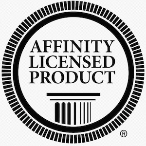 May include: A circular black and white emblem featuring the text AFFINITY LICENSED PRODUCT in capital letters. Below the text is a graphic of a classical column base. The entire design is enclosed within a thick circular border with vertical lines.