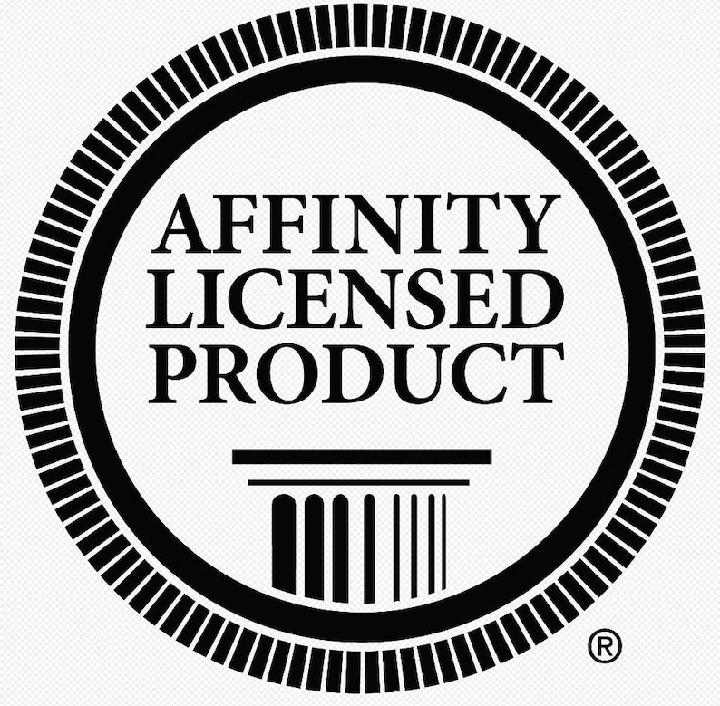 May include: A circular black and white emblem featuring the text AFFINITY LICENSED PRODUCT in capital letters. Below the text is a graphic of a classical column base. The entire design is enclosed within a thick circular border with vertical lines.
