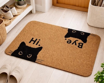 Tapete de boas-vindas para casa – Tapete de entrada inspirado em anime ecológico com gato, cachorro, oi e tchau, 60 cm