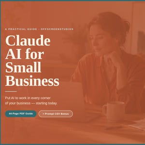 以下が含まれることがあります： オレンジ色の画像で、「Claude AI for Small Business」のテキストが表示されています。テキストには「Put AI to work in every corner of your business — starting today.」というフレーズが添えられています。女性がノートパソコンとマグカップを持って机に座っています。