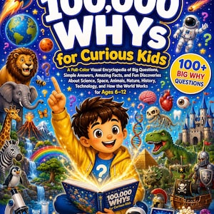 Puede incluir: Un libro titulado 100,000 WHYs for Curious Kids que muestra a un niño leyendo un libro brillante rodeado de ilustraciones del espacio, animales, un volcán, un castillo, un dinosaurio, un robot, un microscopio e iconos científicos sobre azul.