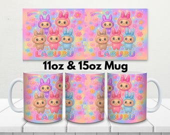 Envoltura de taza con diseño de monstruos lindos, PNG / Monstruos pastel kawaii de 11 oz y 15 oz, sublimación / descarga digital, regalo para niños, envoltura de vaso de dibujos animados rosa