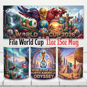 May include: White ceramic mugs with colorful designs celebrating the FIFA World Cup 2026. The mugs feature vibrant illustrations of the World Cup trophy, flags, and iconic landmarks. The text "World Cup 2026" and "North America Odyssey" are also visible.