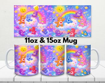 Taza de café con osos de dibujos animados, nubes arcoíris, nostalgia de los 80