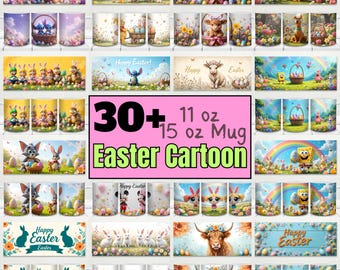 Más de 30 diseños de tazas de dibujos animados de Pascua / Paquete de envoltorios PNG de Pascua de 11 oz y 15 oz / Archivos de sublimación de conejitos de primavera lindos para envoltorios de tazas de Pascua PNG