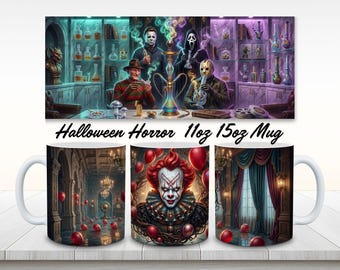 Halloween Tumbler Wrap PNG Horror Movie Characters Neon Terrifier Mug Wrap PNG 11oz 15oz Sublimation Mug Design Halloween Horror Mug Wrap