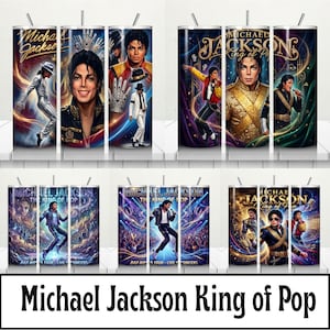 May include: A collection of stainless steel tumblers featuring images of Michael Jackson in various iconic poses. The tumblers have a black and silver straw and the text "Michael Jackson King of Pop". The background is a mix of vibrant colors.