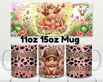 Baby Highland Cow Mug Wrap Designs, 11oz & 15oz Highland Cow Sublimation Designs, Floral Highland Cow Mug PNG, Highland Cow Lover Mug