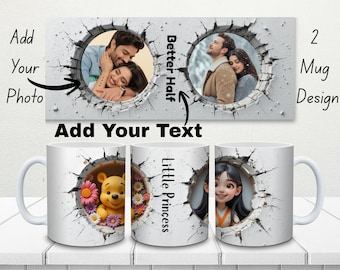 Envoltura de fotos con agujero 3D para taza, diseño de collage familiar para sublimación, plantilla de taza de 11 oz y 15 oz, regalo personalizado con foto, descarga digital instantánea PNG