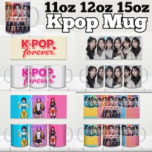 May include: White ceramic mugs with various K-Pop themed designs. Designs include group photos, the text "K-POP forever", and stylized illustrations. The mugs are available in 11oz, 12oz, and 15oz sizes.