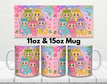Paquete de tazas con diseño de monstruo rosa de dibujos animados PNG / Sublimación de personajes de conejos kawaii / Diseño de tazas de café de 11 oz y 15 oz / Descarga digital instantánea