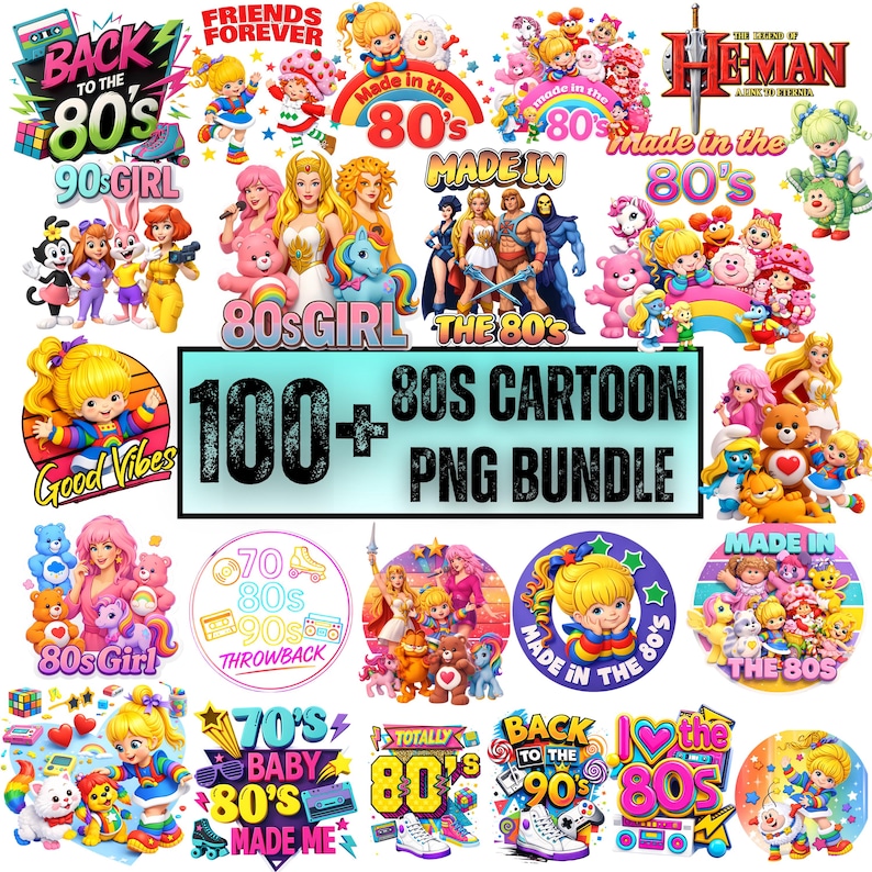 100+ 80-tals tecknade PNG-paket | Retro söta barnregnbågsfigurer | Vintage 80-talsinspirerad clipart sublimering PNG för skjortor direktnedladdning bild 7