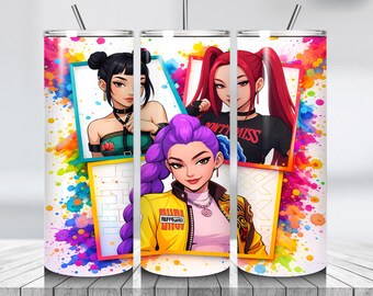 Pacote de adesivos para copo térmico estilo anime com personagens femininas | Personagens femininas de desenho animado | Adesivo para sublimação de copo térmico fino de 590ml | PNG colorido inspirado em anime