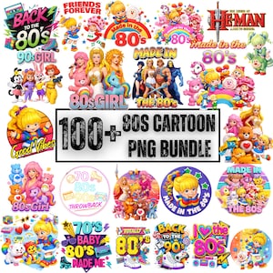 100+ 80-tals tecknade PNG-paket | Retro söta barnregnbågsfigurer | Vintage 80-talsinspirerad clipart sublimering PNG för skjortor direktnedladdning bild 1