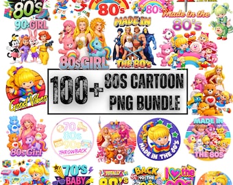 Paquete de más de 100 PNG de dibujos animados de los 80 / Personajes retro de arcoíris para niños / Clipart de sublimación inspirado en los 80 para camisetas, descarga instantánea