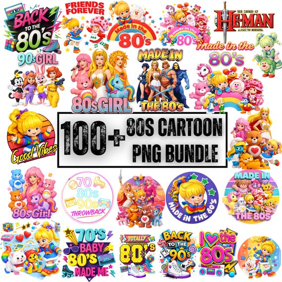 100+ 80s Cartoon PNG Bundle | Retro Cute Kids Rainbow Characters | Vintage 80s Inspired Clipart Sublimation PNG for Shirts Instant Download