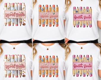 Preppy Back To School Pencil Png Bundle, Pink Gingham Stripes PNG, Pre-K To Fourth Grade Design, School Girl Png, First Day Of School Png