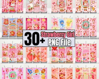 Paquete de más de 30 vasos de fresa para niña / Envoltorios para vasos con bonitos diseños de bayas rosas / PNG delgados de 20 oz / Diseños de vasos infantiles de dibujos animados retro 80 dibujos animados animados