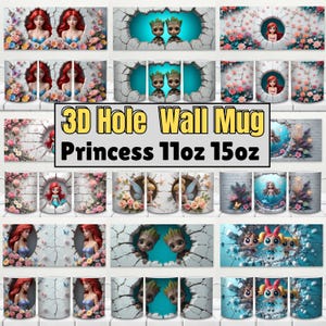 Puede incluir: Una colección de tazas de cerámica de 312 ml y 425 ml con un diseño de pared con agujeros en 3D. Las tazas presentan varios diseños de princesas y personajes de dibujos animados, como Ariel, hadas y Groot. Los detalles florales y de mariposas realzan la estética.