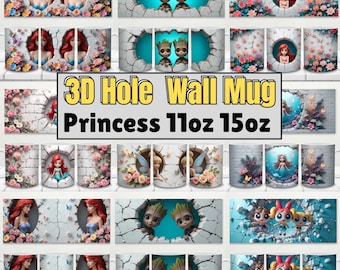Paquete de tazas con diseño de princesa con agujeros en 3D, diseños de sublimación de 325 ml y 430 ml, linda taza de café con personaje de dibujos animados, descarga digital con diseño floral de pared de ladrillos.