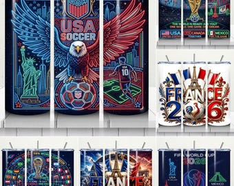2026 Soccer Tumbler Wrap Bundle PNG, World Soccer Cup 20oz Skinny Tumbler Designs, USA France Mexico Canada Football Sublimation Wraps
