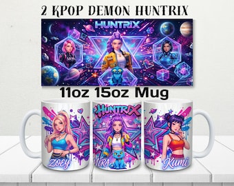 KPOP Demon Huntrix Mug Wrap PNG | 11oz 15oz Sublimation Design | Huntrix Zoey Mira Rumi Mug Wrap | Neon Galaxy Kpop Girl Tumbler Design