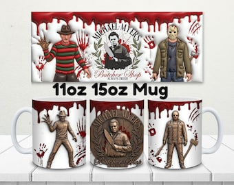 Horror Movie Mug Wrap PNG Bundle, Halloween Mug Design, 11oz 15oz Sublimation PNG, Spooky Characters, Scary Movie Mug, Instant Download
