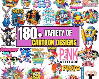 Más de 180 diseños variados de dibujos animados SVG PNG / Paquete de dibujos animados lindos y coloridos / Imágenes prediseñadas con vibraciones retro de los 90 / Gráficos de sublimación de Cricut