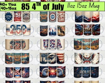 Paquete de 85 tazas del 4 de julio en formato PNG, diseños de tazas del 250 aniversario de EE. UU., envolturas patrióticas para tazas de café, paquete de sublimación del Día de la Independencia.
