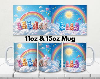 Taza de oso de dibujos animados de los 80 / Sublimación de nubes arcoíris (descarga digital, tazas de 325 ml y 433 ml)