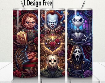 Horror Movie Characters Tumbler Wrap, Halloween Spooky Design Halloween Movie Tumbler Wrap Png, Scary Movie Tumbler, Digital Download