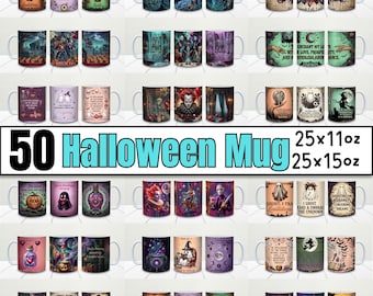 50 Halloween Mug Wrap Bundle, 11oz & 15oz Spooky Season Halloween Mug PNG, Skull Ghost Mug Wrap, Mug Wrap Sublimation, Digital Download