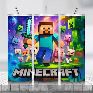 May include: A stainless steel tumbler featuring a vibrant Minecraft design. The tumbler showcases the game's characters, including Steve, a Creeper, and various animals, set against a colorful background. The word "Minecraft" is prominently displayed at the bottom.