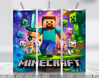 Envoltura de vaso estilo juego de bloques PNG / Personajes de dibujos animados de aventuras de píxeles / Envoltura de sublimación delgada de 20 oz Diseño de vaso de jugador Descarga instantánea