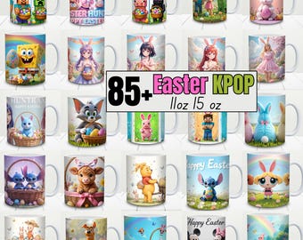 Más de 85 tazas de Pascua con dibujos animados / Lindo conejito primaveral, chicas estilo Kpop y diseños de animales / Colección PNG de sublimación de 325 ml y 400 ml