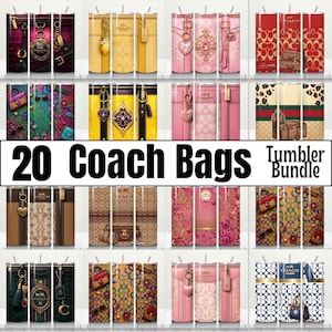 20 imagens PNG de capas para copos térmicos finos de luxo de 590ml | Download digital com design inspirado na moda | Copo térmico de luxo inspirado na Coach