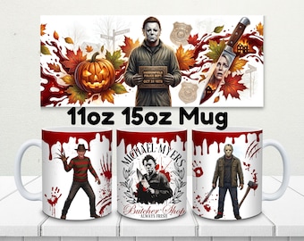 Horror Movie Mug Wrap PNG Bundle, Halloween Mug Design, 11oz 15oz Sublimation PNG, Spooky Characters, Scary Movie Mug, Instant Download