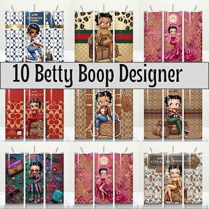 May include: A collection of ten cylindrical tumblers featuring various Betty Boop character illustrations and designer-inspired patterns. Each tumbler includes a metal straw and displays distinct motifs like butterflies, logos, and luggage.